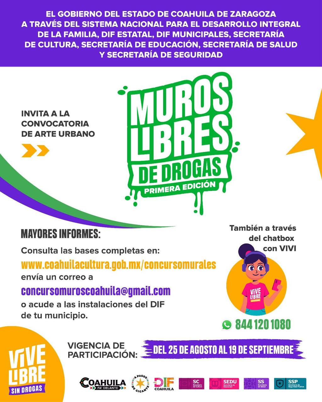 Te invitamos a participar en la convocatoria Muros Libres de Drogas y a transformar los espacios públicos de Coahuila con murales que fomenten convivencia, respeto y empatía.