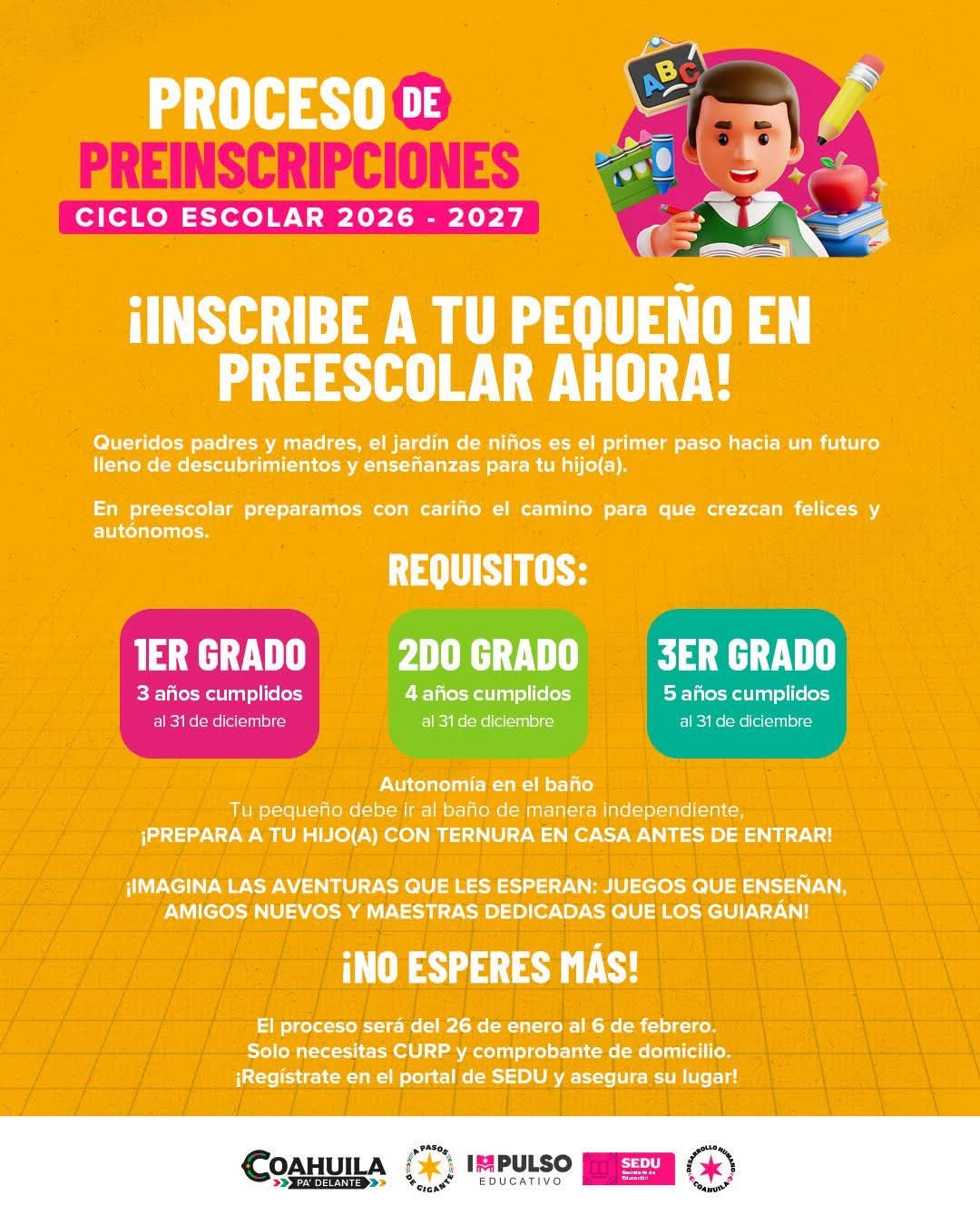 Preinscripciones a preescolar en Coahuila para el ciclo escolar 2026–2027