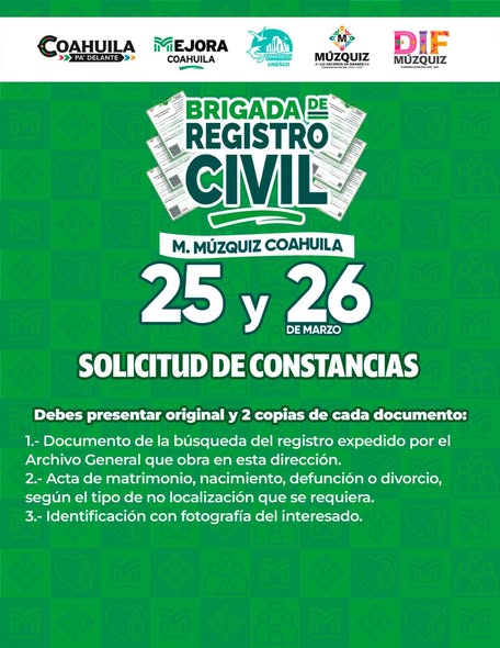 Brigada de Registro Civil en Múzquiz: fechas, trámites y requisitos