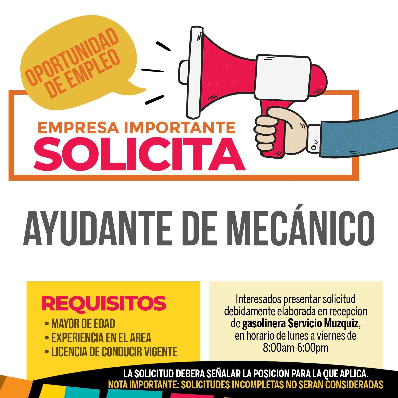 Empresa abre vacante para ayudante de mecánica en Múzquiz